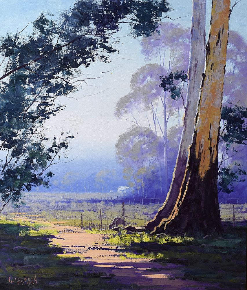 Gercken, Graham 20x23 Black Ornate Wood Framed with Double Matting Museum Art Print Titled - Kangaroo and Gum Tree