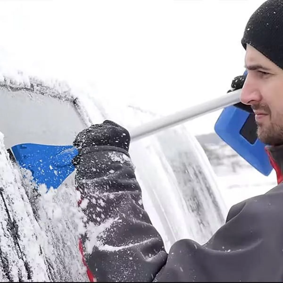 Snow Joe SJBLZD-LED 4-In-1 Telescoping Snow Broom + Ice Scraper, 18-Inch Foam Head, Headlights, Blue - (Open Box)