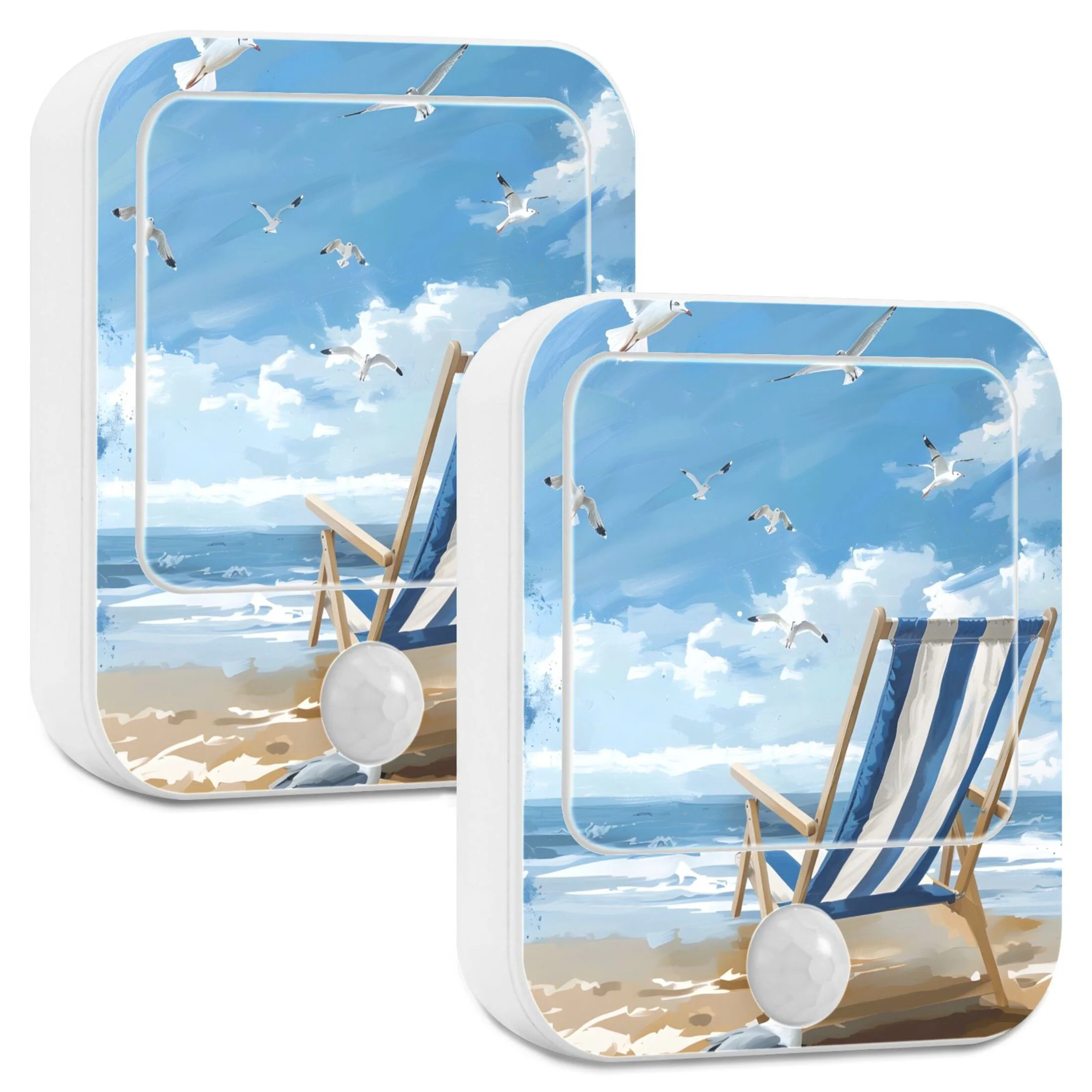 Seagull and Striped Beach Chair LED Motion Sensor Night Light 2 Pcs Plug-in Wall Lamp Dusk-to-Dawn for Bedroom Hallway Bathroom Kitchen Decor