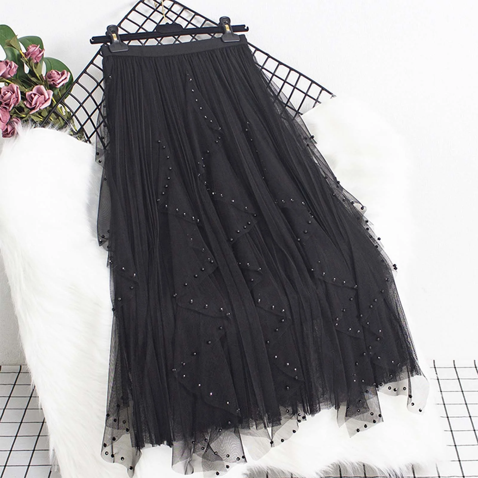 Winter Skater Skirt Women'S Fashion Casual Heavy Industry Nail Bead Petal Mesh Skirt High Waist Mid Length Skirt Skirt Set
