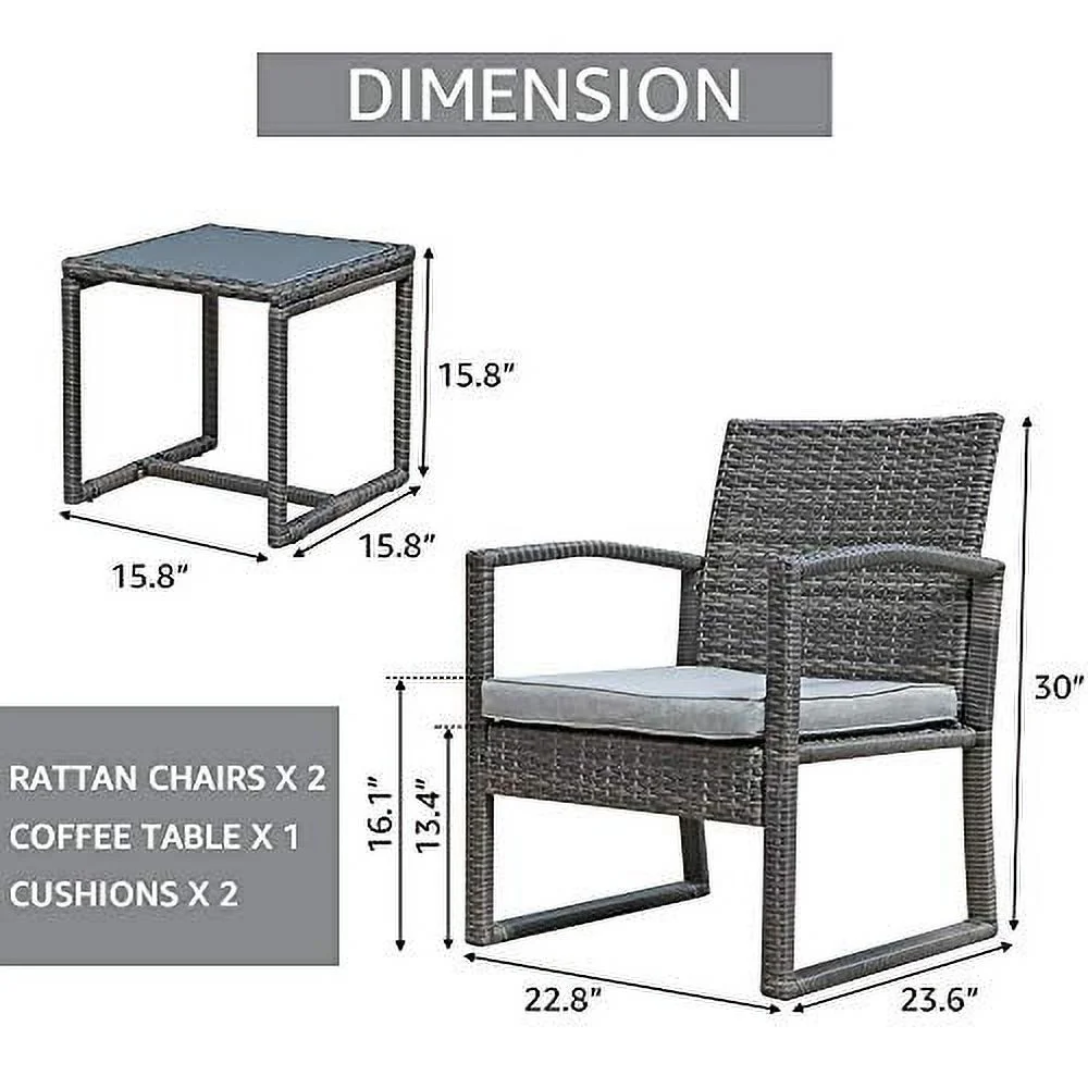 Patiorama 3 Piece Outdoor Patio Furniture Conversation Set, Rattan Chair Set With Coffee Table, For Garden, Balcony, Backyard, Poolside (Dark Grey)