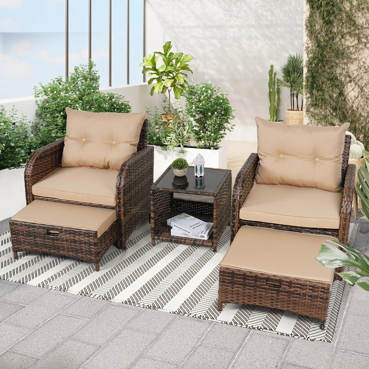 Dina 5 Pieces Wicker Outdoor Patio Chairs with Ottoman  PE Wicker Rattan Patio Conversation Furniture Set with Underneath Footrest  Wicker Outdoor Patio Chairs and Ottoman Set with Table