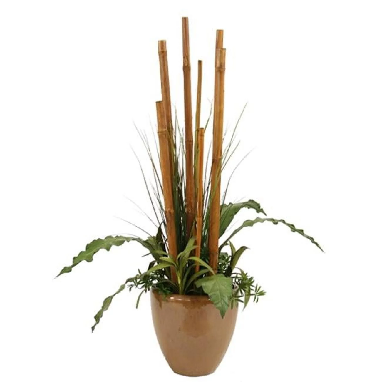 International  Tropical Foliage with Bamboo Poles in Glazed Mocha Stoneware Planter