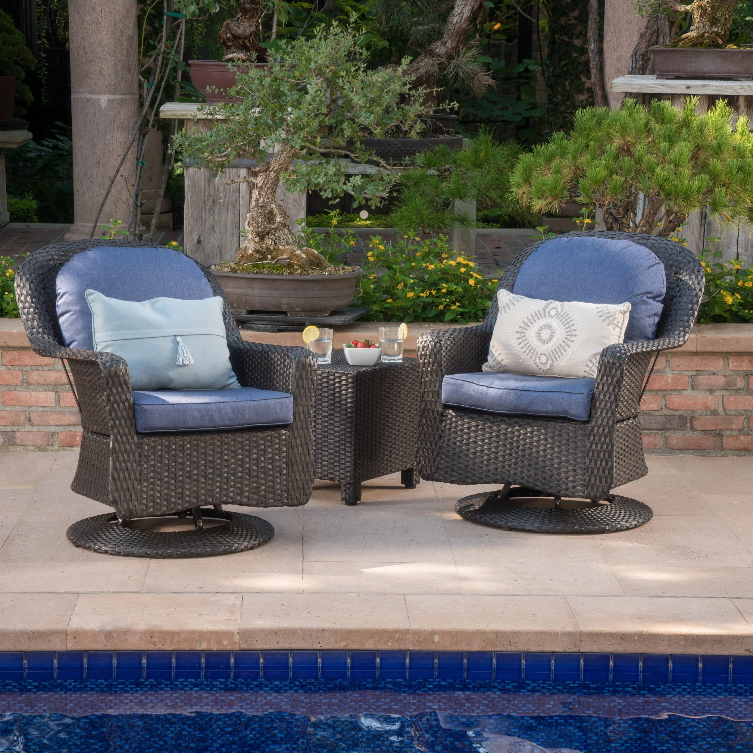 Linsten Outdoor Wicker and Iron 2 Seater Swivel Chat Set with Water Resistant Cushions