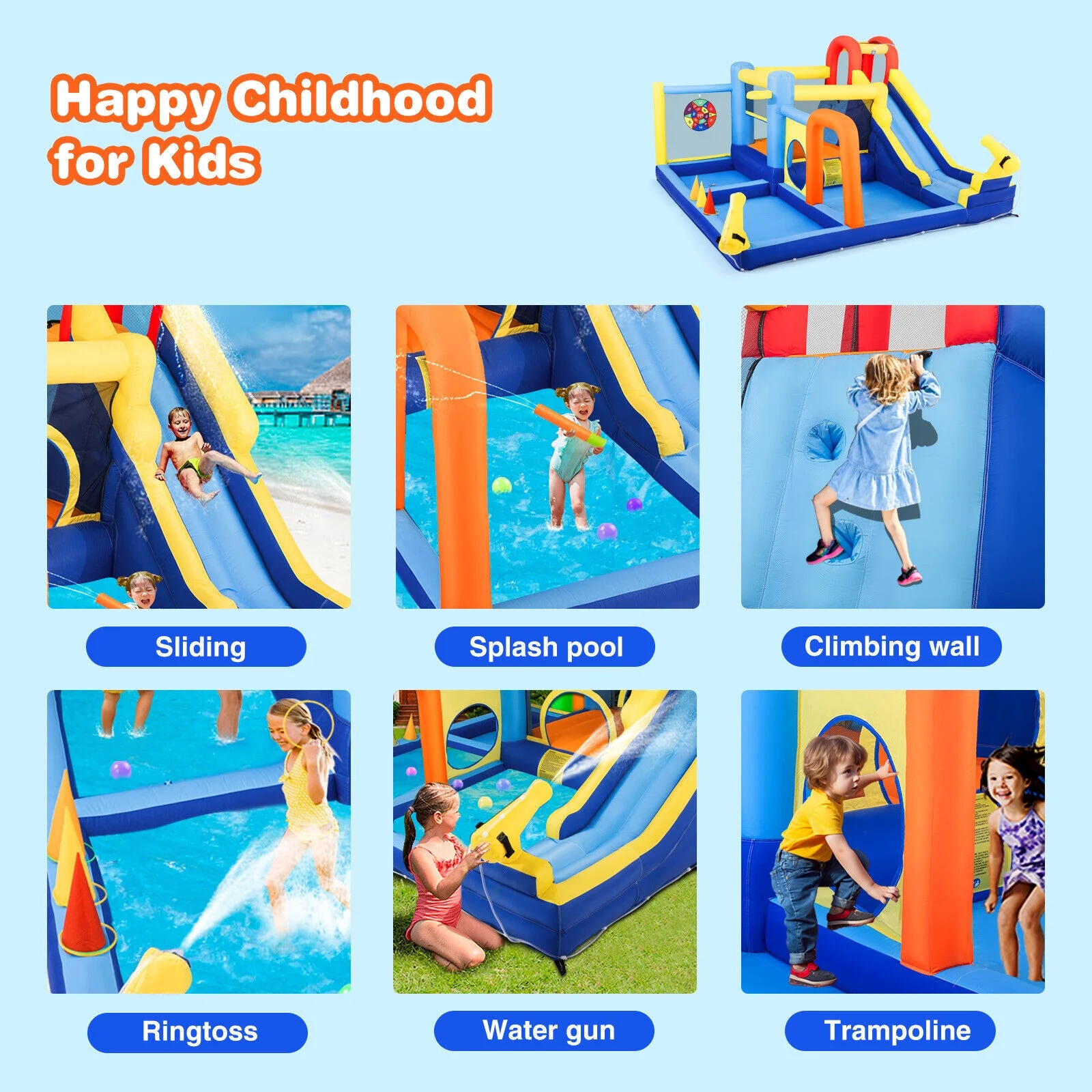 JOYLDIAS Inflatable Water Slide Bouncer Castle Kids Playhouse with Splash Pool, Climbing Wall, Trampoline, Felt Ball Target, Ring Toss Game, 550W Air Blower