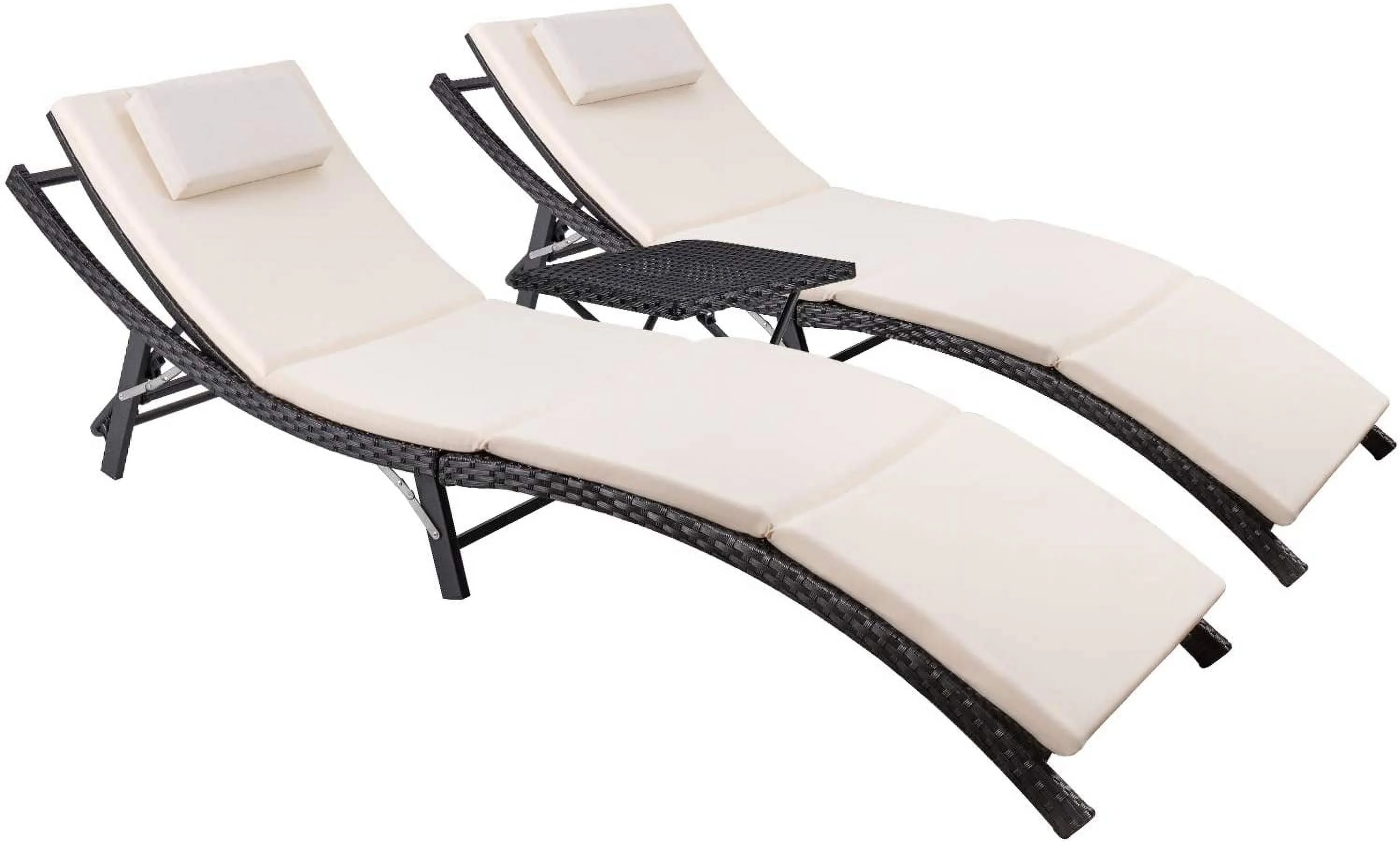 Patio Chaise Lounge Sets Outdoor Rattan Adjustable Back 3 Pieces Cushioned Patio Folding Chaise Lounge with Folding Table (Beige)