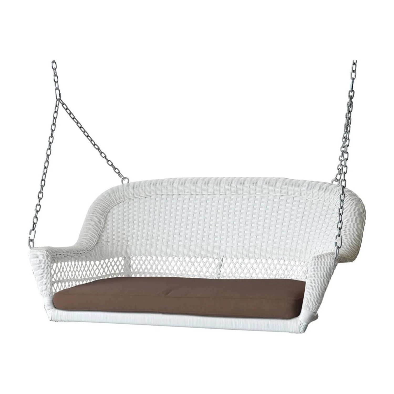 White Wicker Porch Swing with Brown Cushion