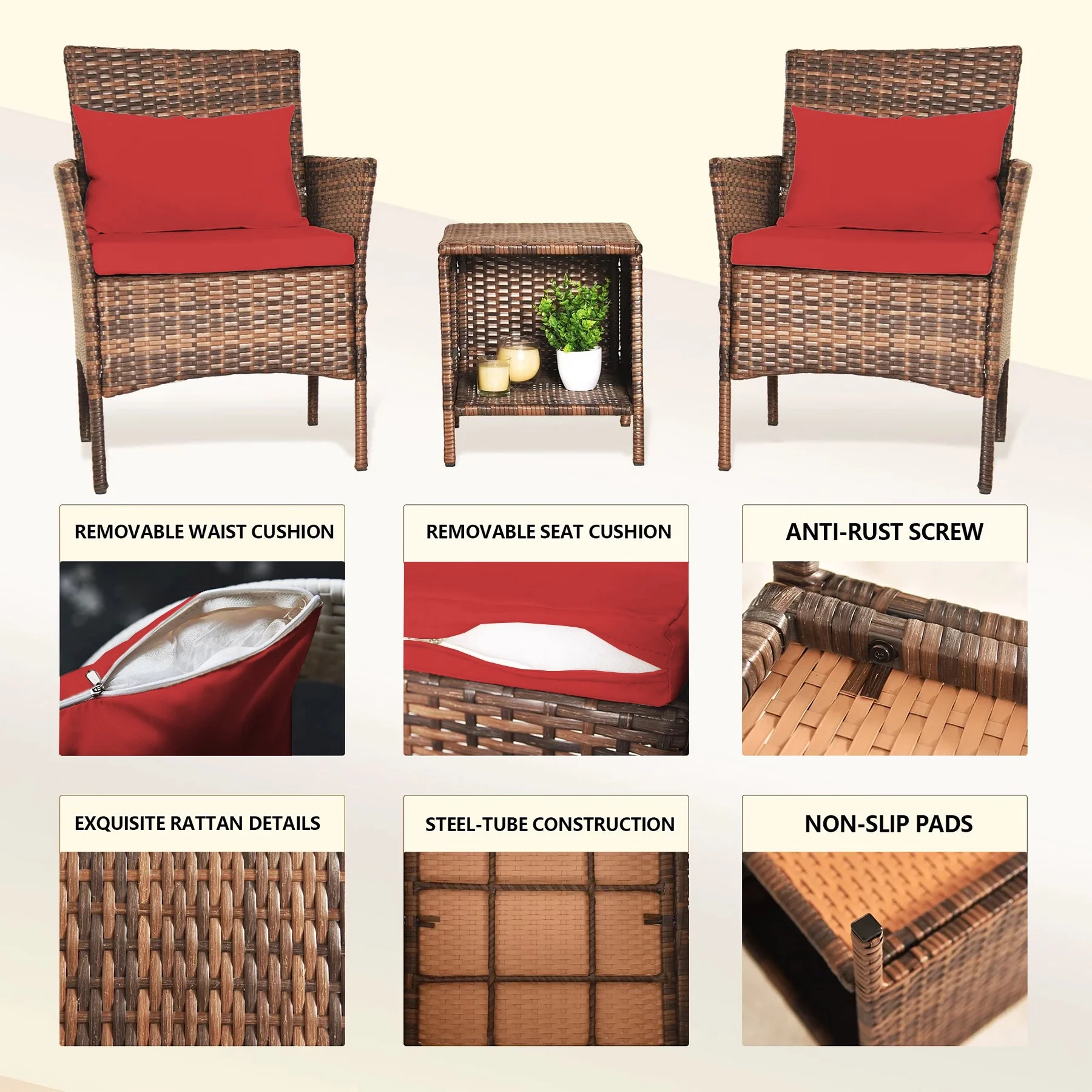 Tappio 3 Piece Patio Conversation Bistro Set Outdoor Chat Furniture, Porch Balcony Furniture Set,Wicker Chairs and Storable Table Set for Patio Balcony Backyard Apartment, Brown/Red