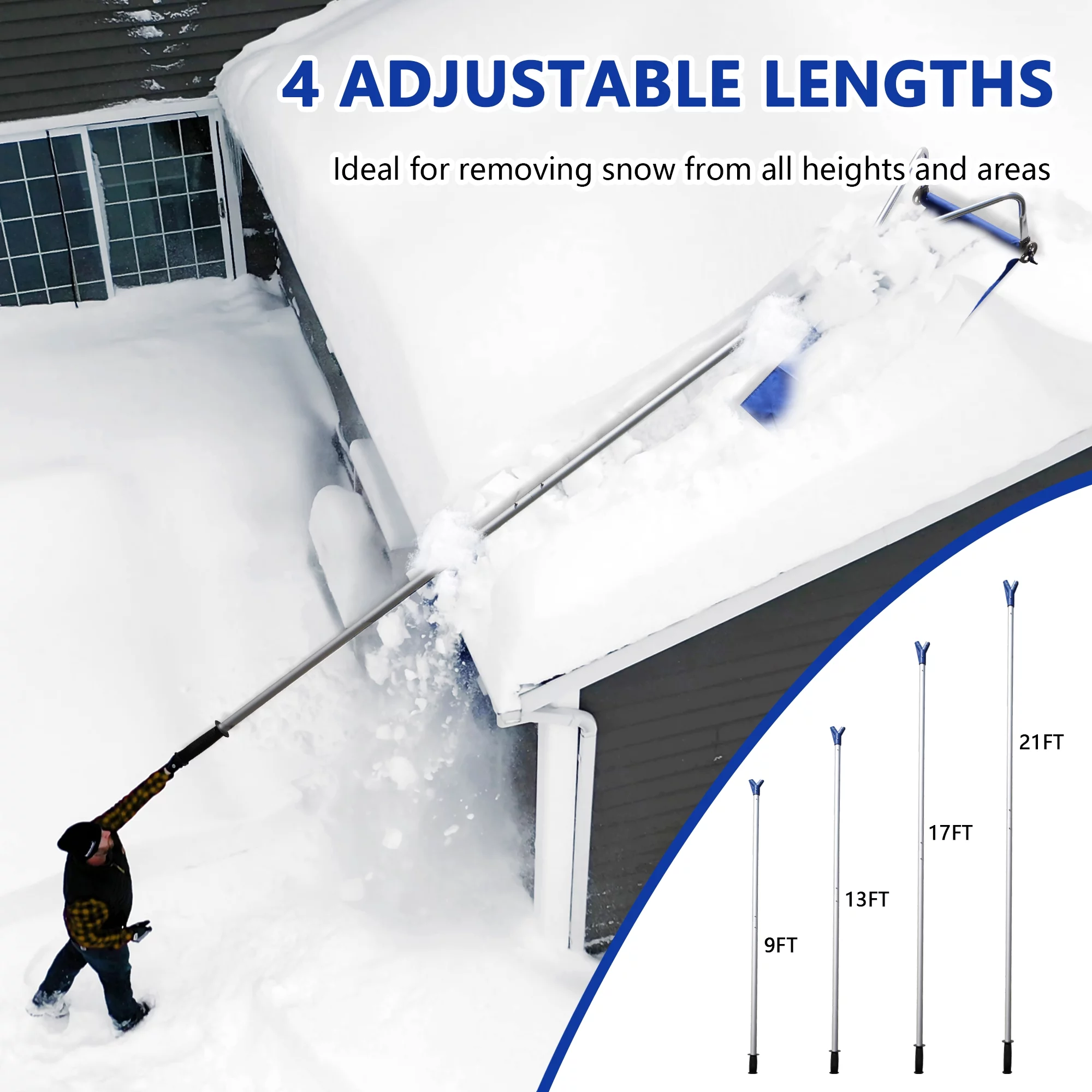 Snow Roof Rake, Adjustable Aluminum Snow Removal Tool - 9-21ft Telescoping Pole, Non-Slip Handle, 3 Inch Wheels - Lightweight Snow Shovel for Clearing Vehicle and Roof Snow