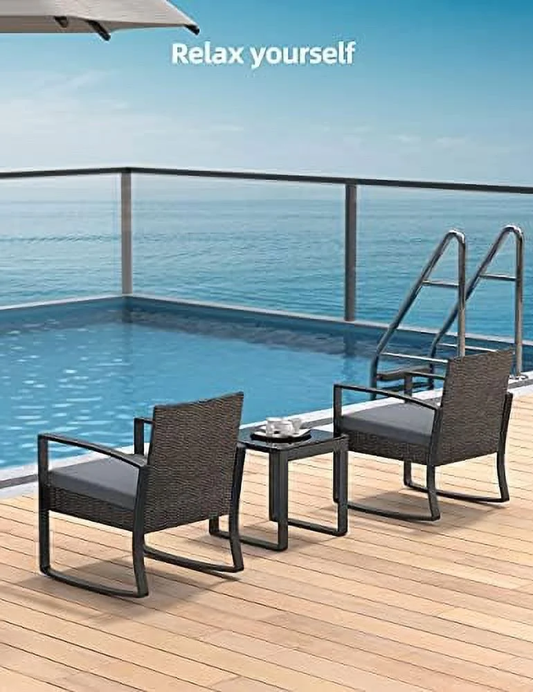 CHTYVC 3 Pieces Wicker Patio  Set  Outdoor Rocking Chair Sets with Cushion  Porch  Set with Glass Table  Modern Rattan Conversation Sets for Porches and Balcony  Grey Cushion