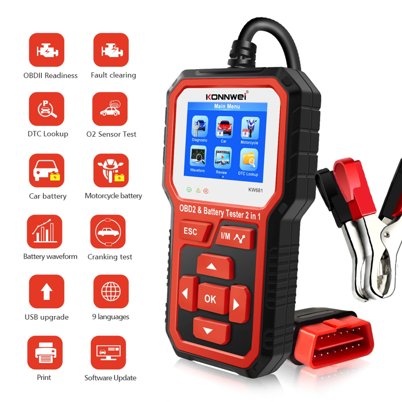 Meterk KW681 Car&Motrocycle Battery Tester & OBDII Diagnostic Scanner Tool 2 in 1