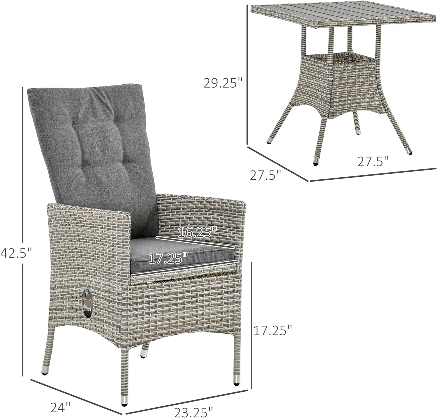 3 Piece Patio Bistro Set, Outdoor PE Wicker Furniture Conversation Set with Tufted Cushion Reclining Chairs & Coffee Table for Backyard, Lawn, Porch, Poolside, Balcony, Gray