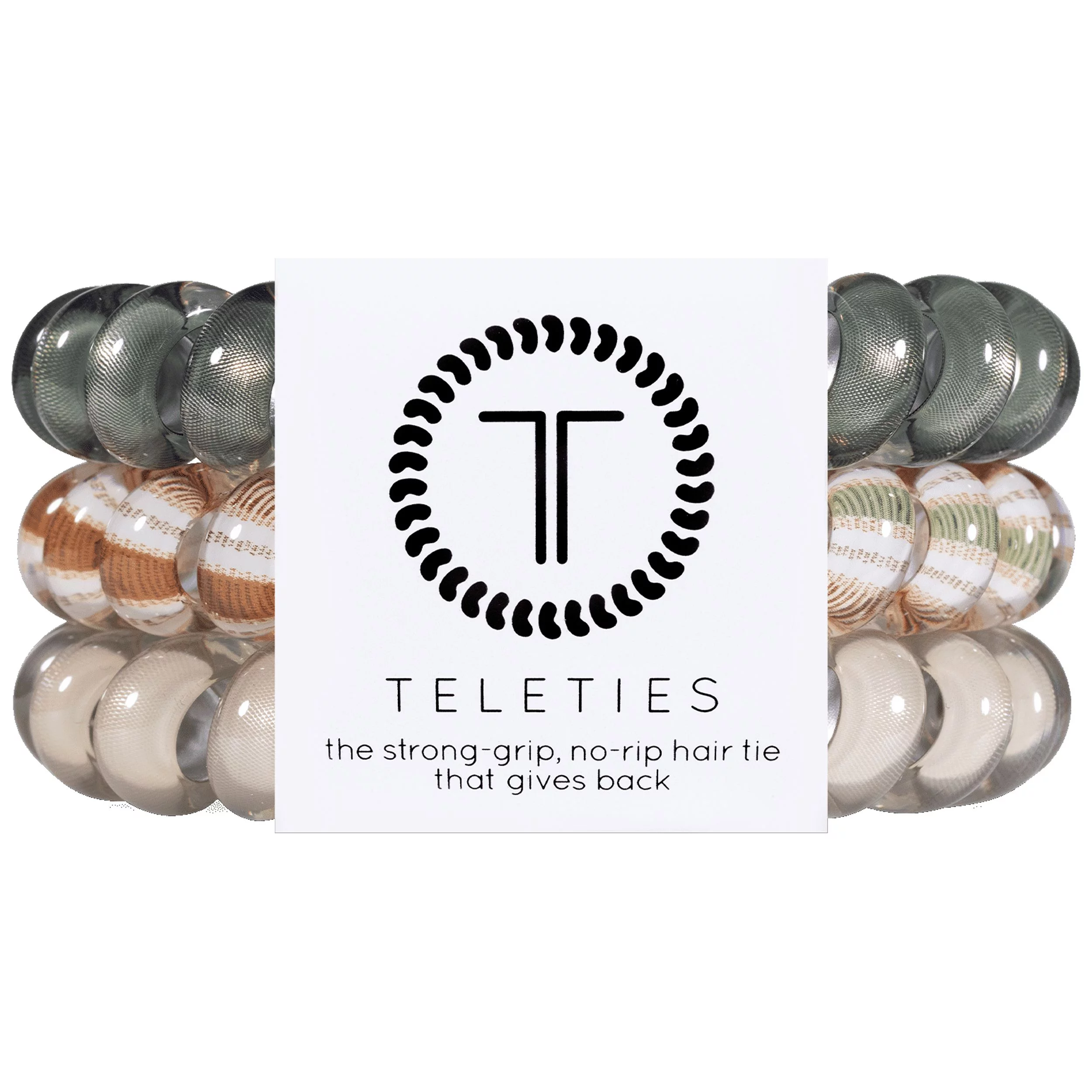 TELETIES - Large Spiral Hair Coils – Color Green & Neutral - Ponytail Holder Hair Ties - Strong Grip, No Rip, Water Resistant, No Crease - 3 pack – Eucalyptus