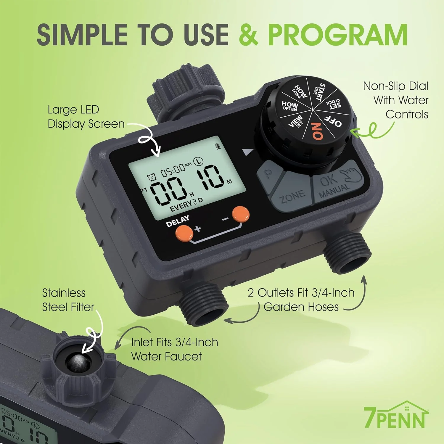 7Penn Water Sprinkler Timer Outdoor Irrigation System - Water Hose Timer Programmable 2 Zone Water Timer for Garden Hose