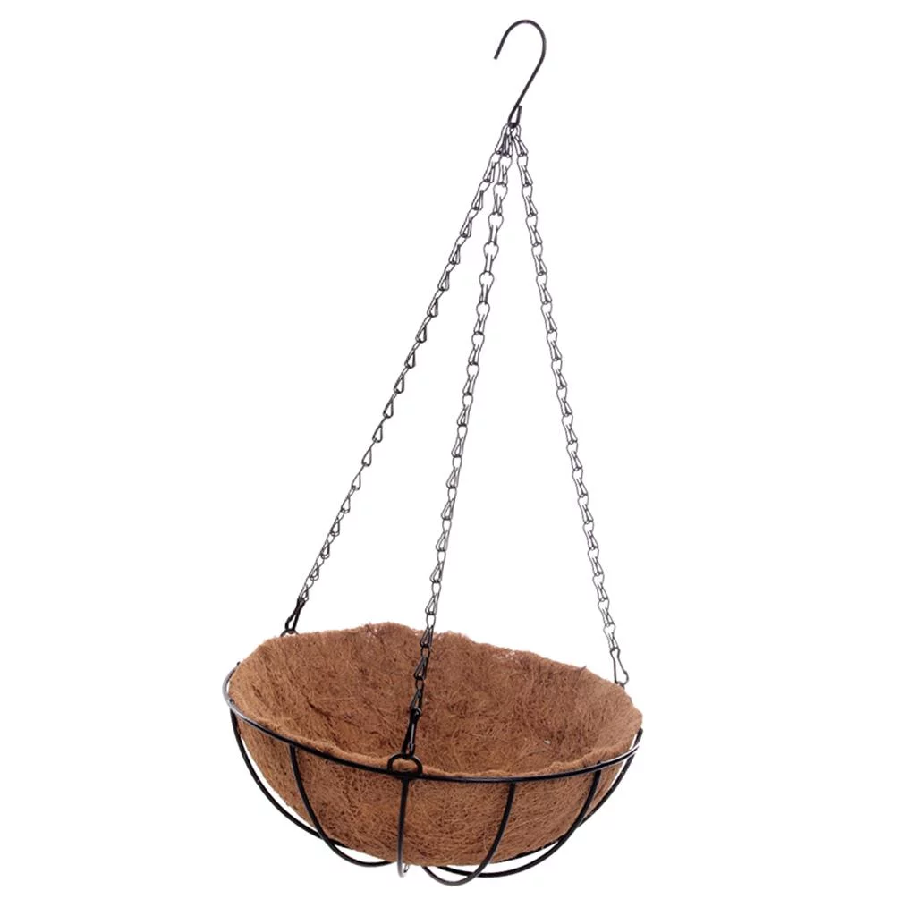 Metal Hanging Planter Basket With Coir Liner 14 Inch Round Wire Plant Holder With Chain Porch Decor Flower Pots Hanger - Brown, 10inch