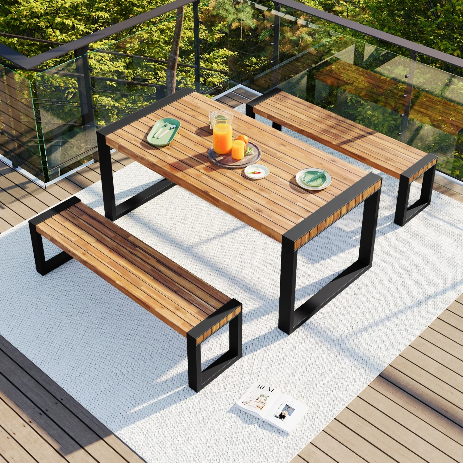 GO 3-pieces Outdoor Dining Table With 2 Benches  Patio Dining Set With Unique Top Texture  Acacia Wood Top & Steel Frame  All Weather Use  For Outdoor & Indoor  Natural