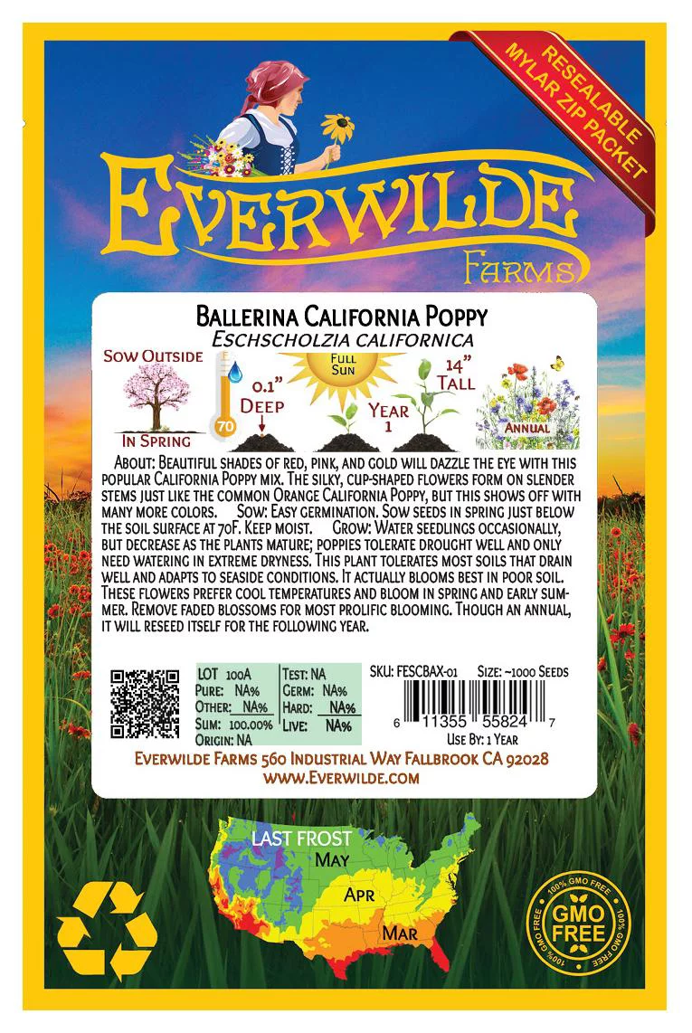 Everwilde Farms - 1000 Ballerina Mixed California Poppy Garden Flower Seeds - Gold Vault Jumbo Bulk Seed Packet