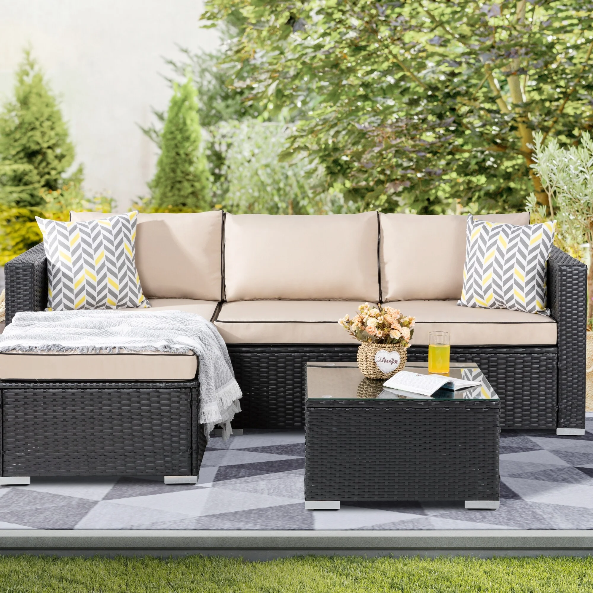 Futzca  Outdoor Furniture Patio Sets,Low Back All-Weather Small Rattan Sectional Sofa Khaki