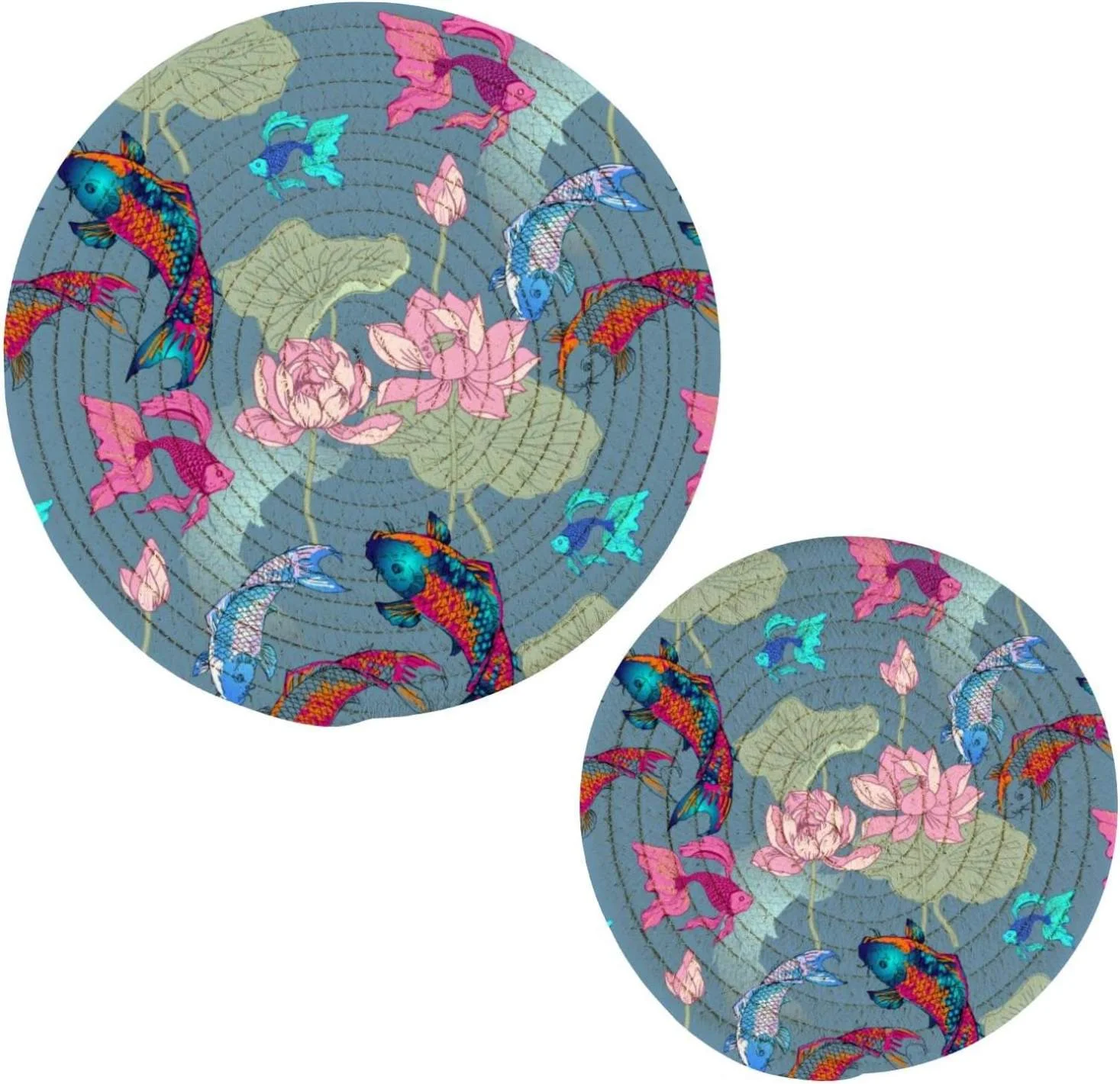 Japanese Koi Fish Asian Potholders Set Trivets Set 2 PCS, Oriental Water Lily Pot Holders for Kitchen, 100% Cotton Woven Hot Pads for Kitchen, Trivets for Kitchen Heat Resistant, 7.09