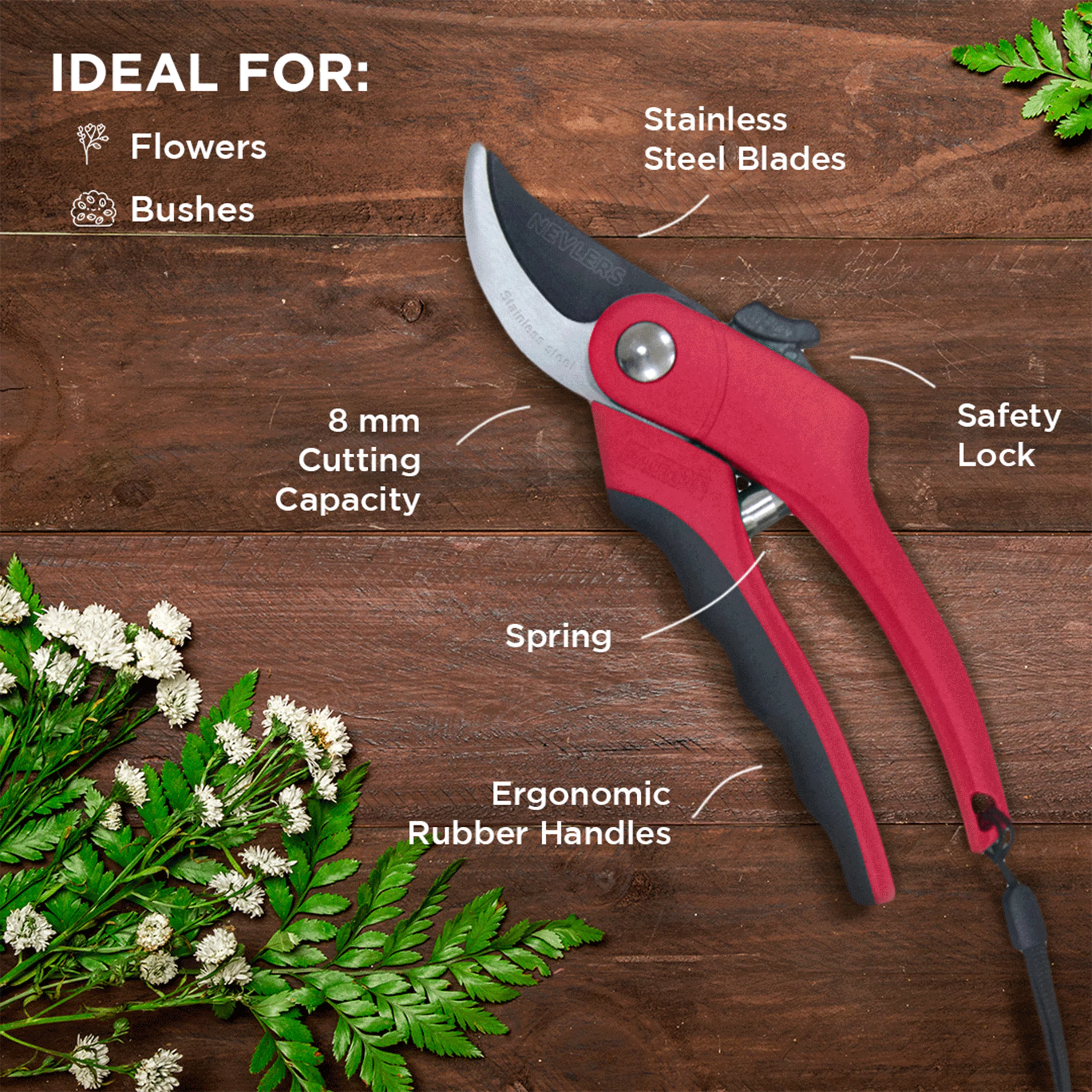 Nevlers 8 in. Red Heavy Duty Bypass Garden Pruning Shears