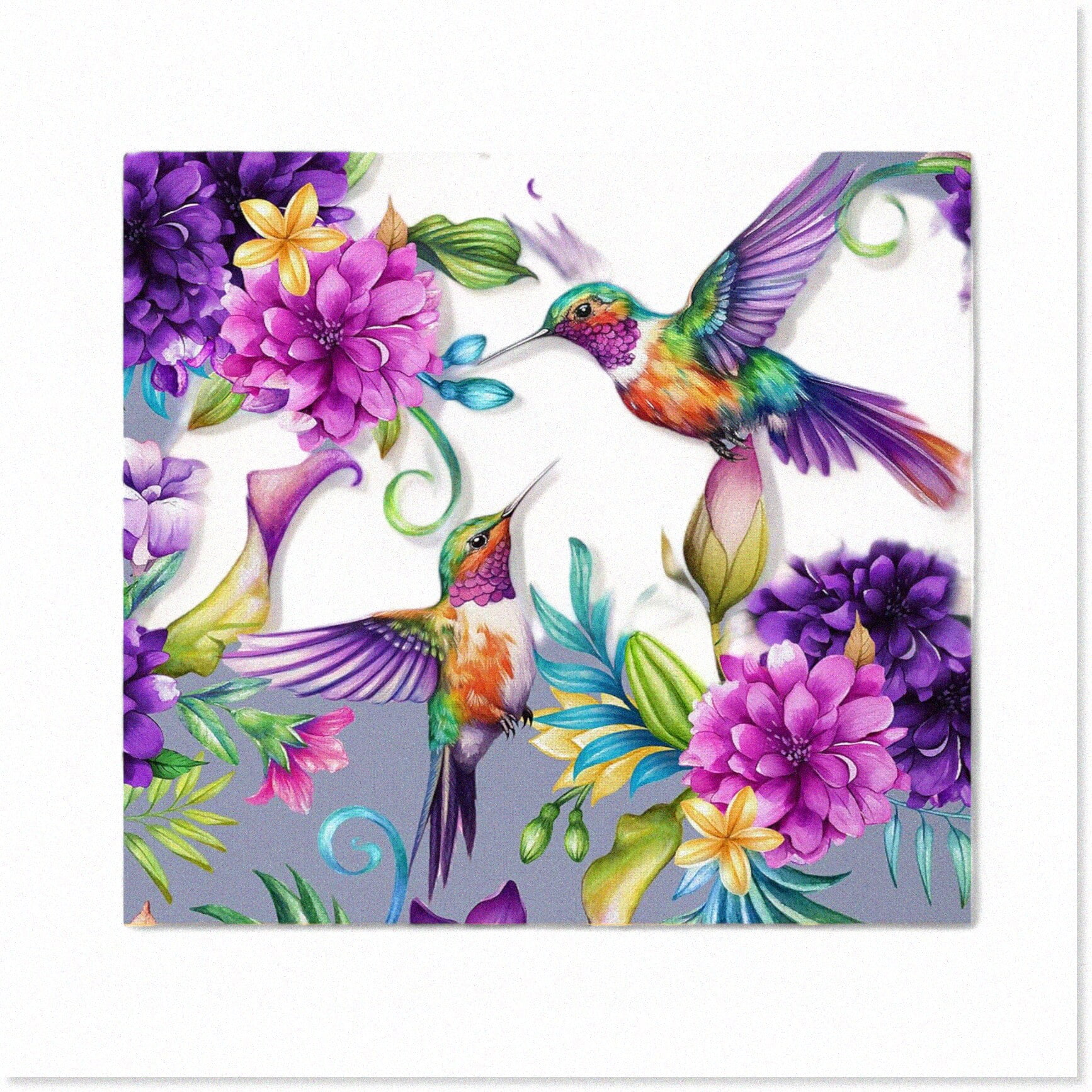 Tropical Garden Delight Fabric - Vibrant Hummingbird Floral Upholstery for Chairs, Watercolor Outdoor Decor - 1 Yard, Purple Grace