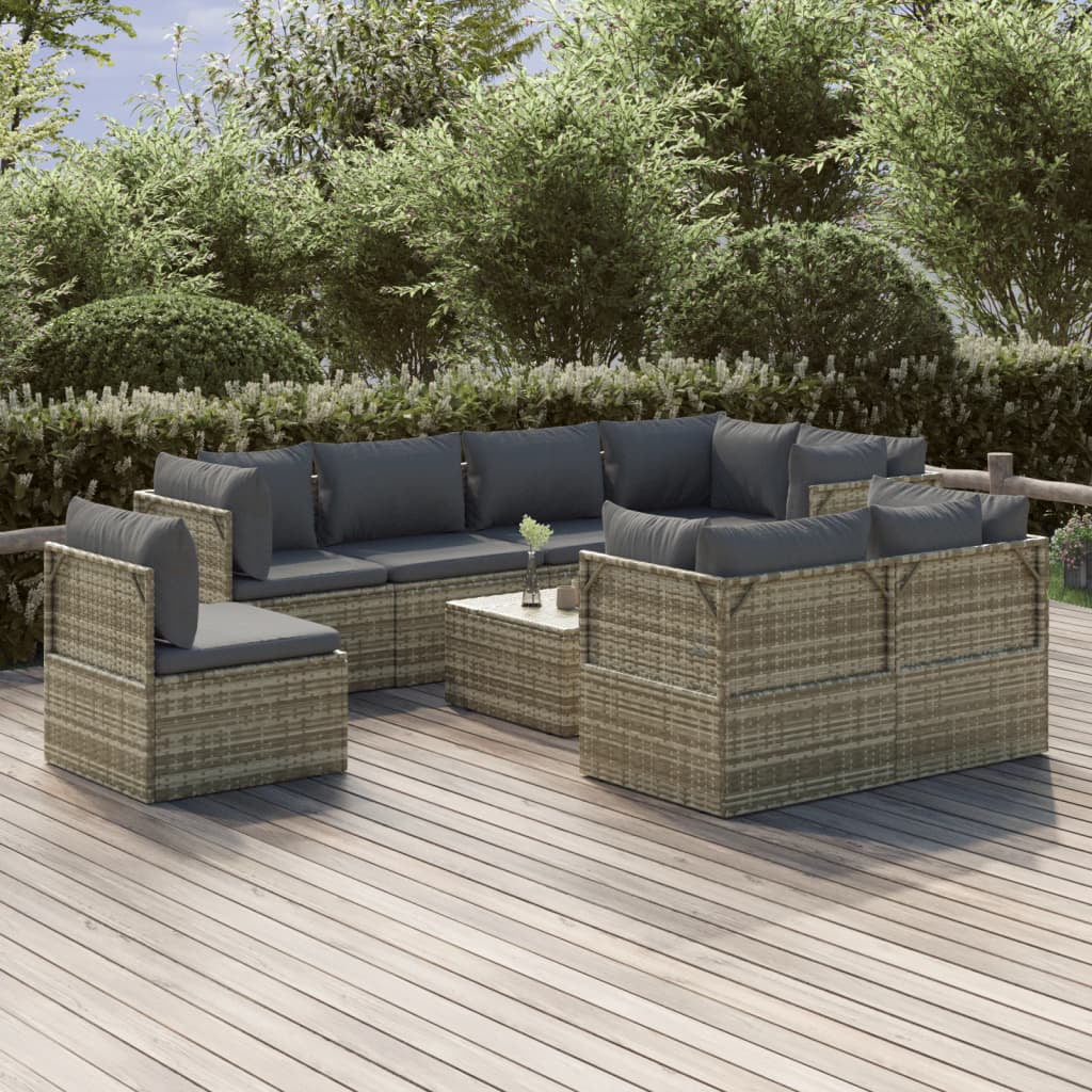Dcenta 9 Piece Patio Set with Cushions Gray Poly Rattan