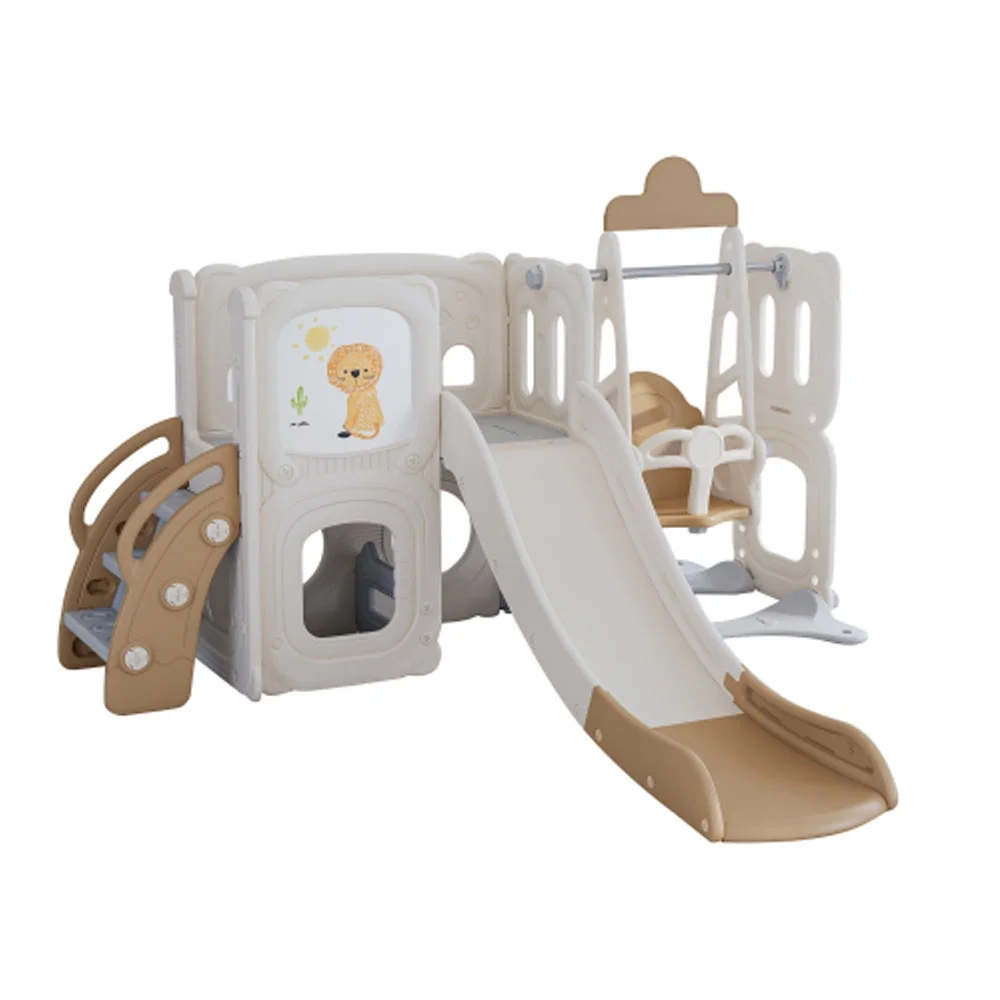 5 in 1 Slide and Swing Set, with Drawing Whiteboard, Freestanding Combination - Coffee