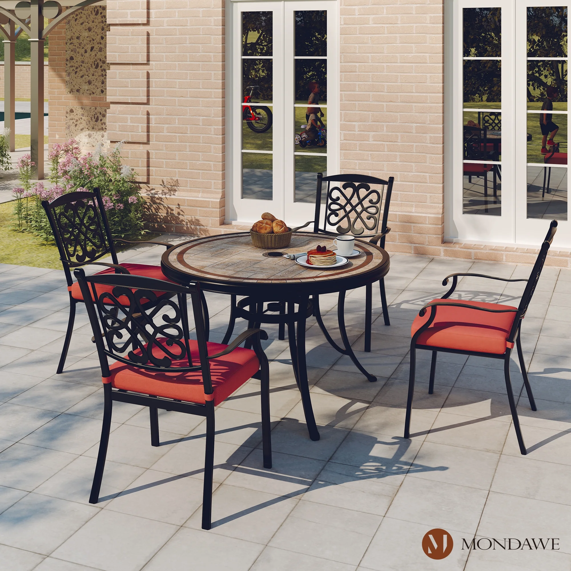 Mondawe 4-Piece Cast Aluminum Diagonal-Mesh Vines Backrest Dining Chairs (Red)