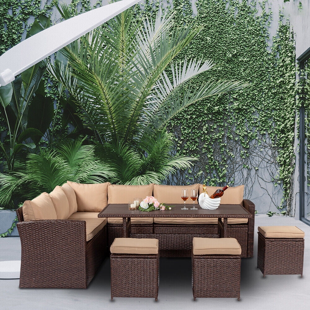 8PCS Patio Rattan Dining Set Cushioned Sofa Ottoman Table Yard Furniture