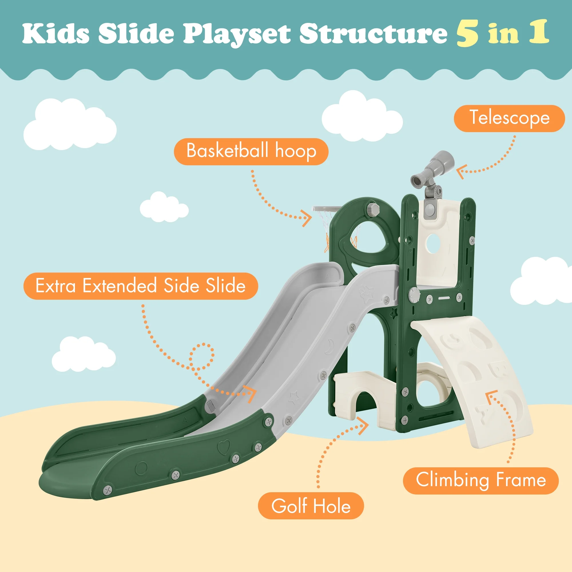 Kids Slide Playset Structure 5 in 1, Freestanding Spaceship Set with Slide, Telescope and Basketball Hoop, Golf Holes for Toddlers, Kids Climbers Playground