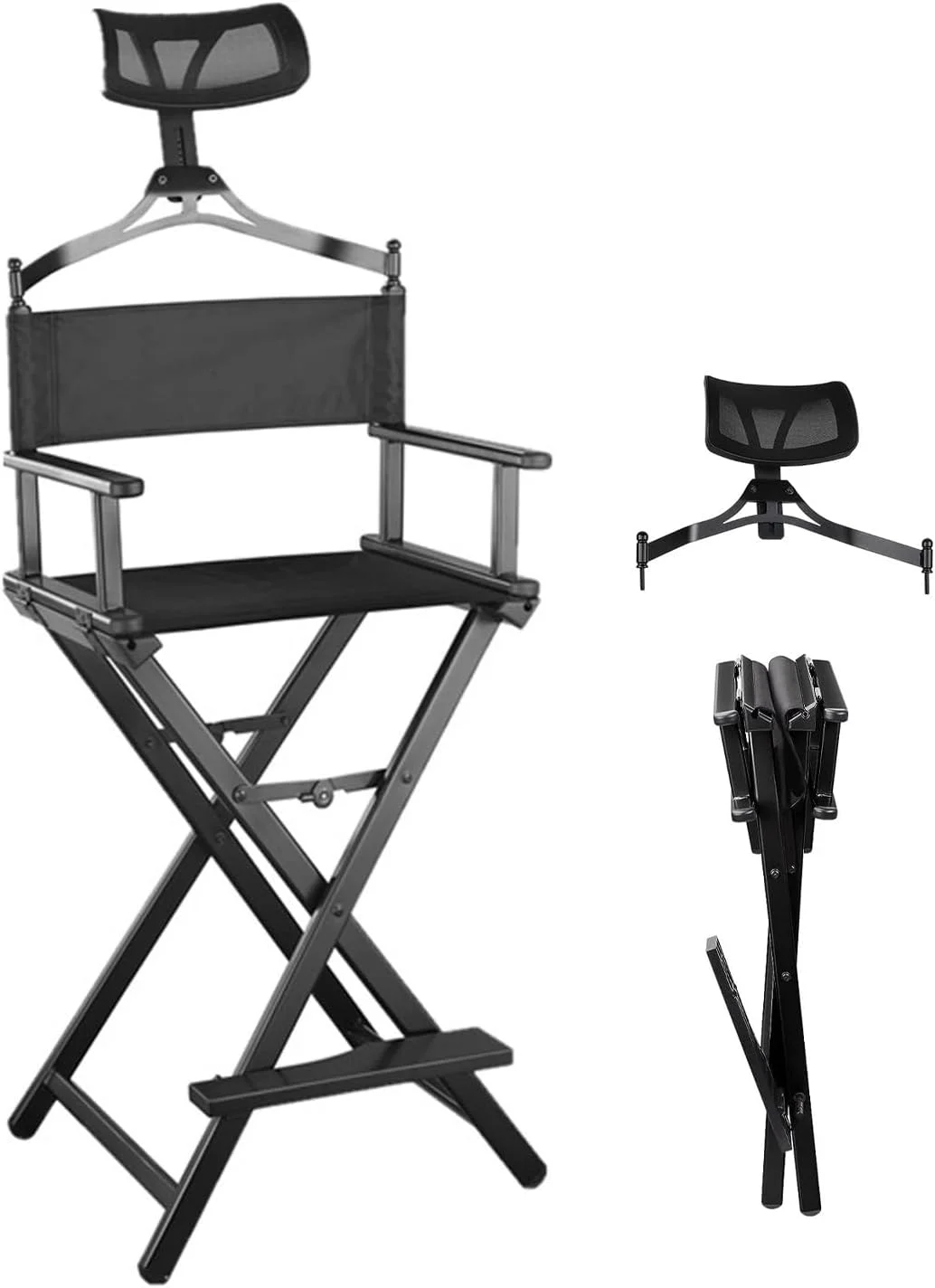 Folding Makeup Directors Chair, Portable Aluminum Tall Artist Chair with Head Rest for Studio Salon Outdoor Leisure