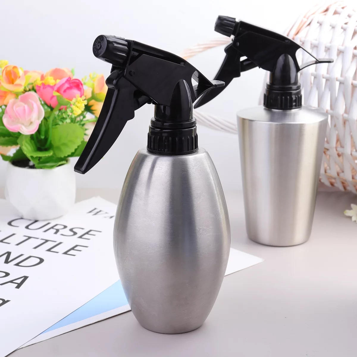Gongxipen 1PC 310ml Black Nozzle Stainless Steel Watering Bottle Small Sprayer Green Plant Watering Can Water Sprinkler Garden Tool (Olive Shape)