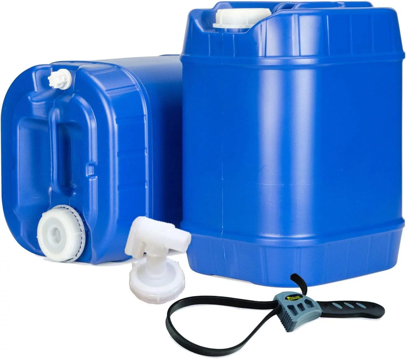 Emergency Water Storage 5 Gallon Water Tanks - 10 Gallons Total (2 Tanks) - 5 Gallons Ea. w/Lids + Spigot - Food Grade, Portable, Stackable, Easy Fill - Survival Supply Water Container