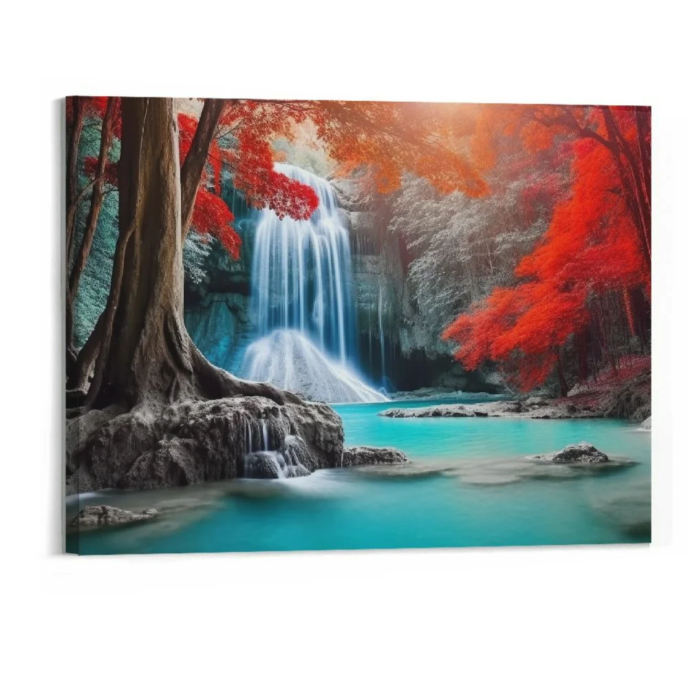Fenyluxe Fall Forest Wall Art Nature Landscape Canvas Prints Season Mountain Waterfall Pictures Wall Decor fro Bathroom Bedroom Red Tree Park Paintings Modern Frame Artwork Home Decorations-20x16inch