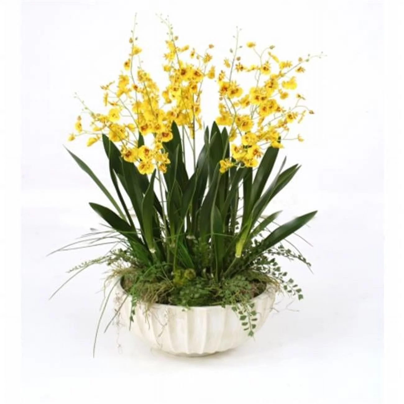 Distinctive Designs International 9853 Gold-Yellow Dancing Orchids with Grass in Large Fluted Bowl