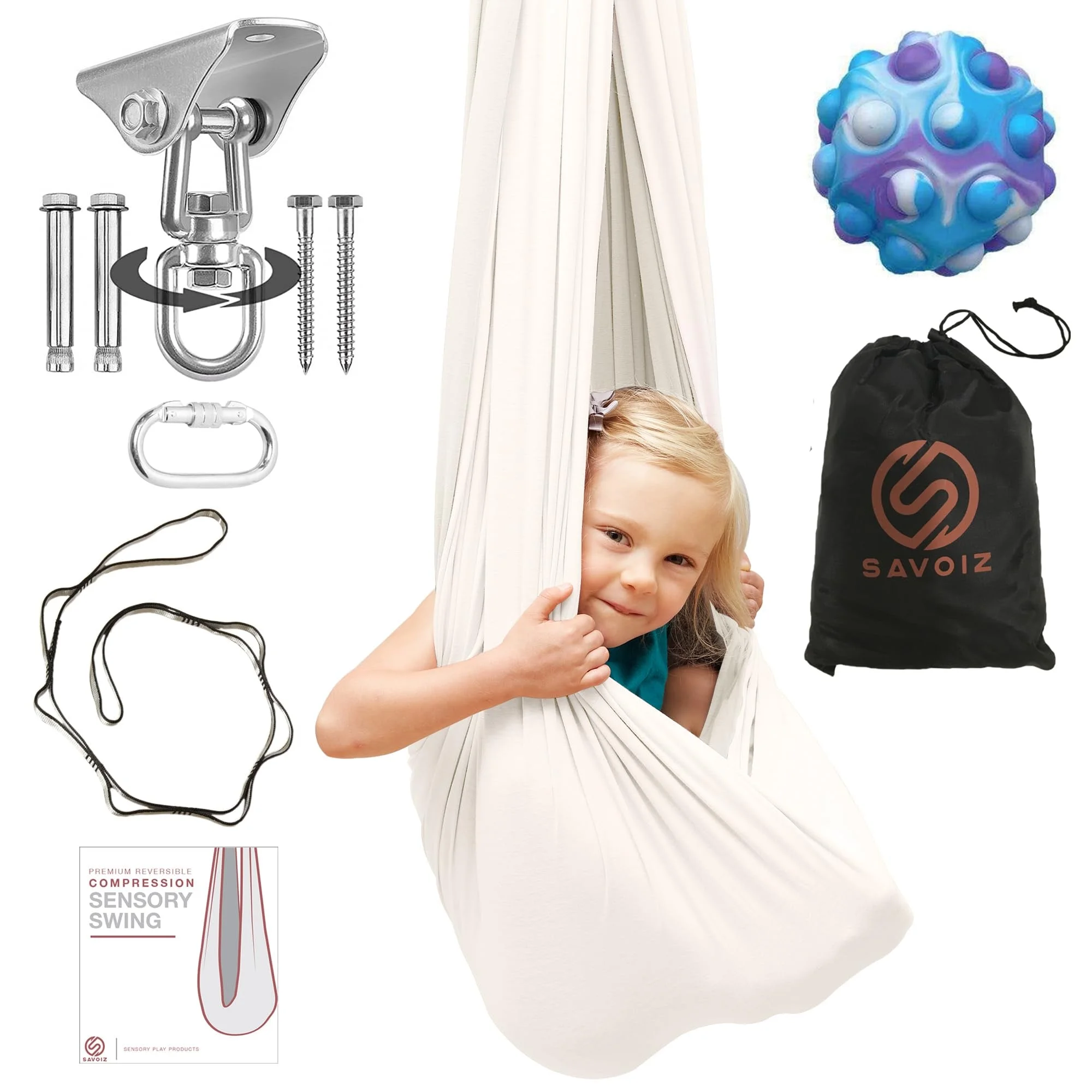 SAVOIZ Sensory Swing - Therapy Hammock Autism, ADHD, Aspergers - Double Layer Reversible (Off White) - Hardware Included