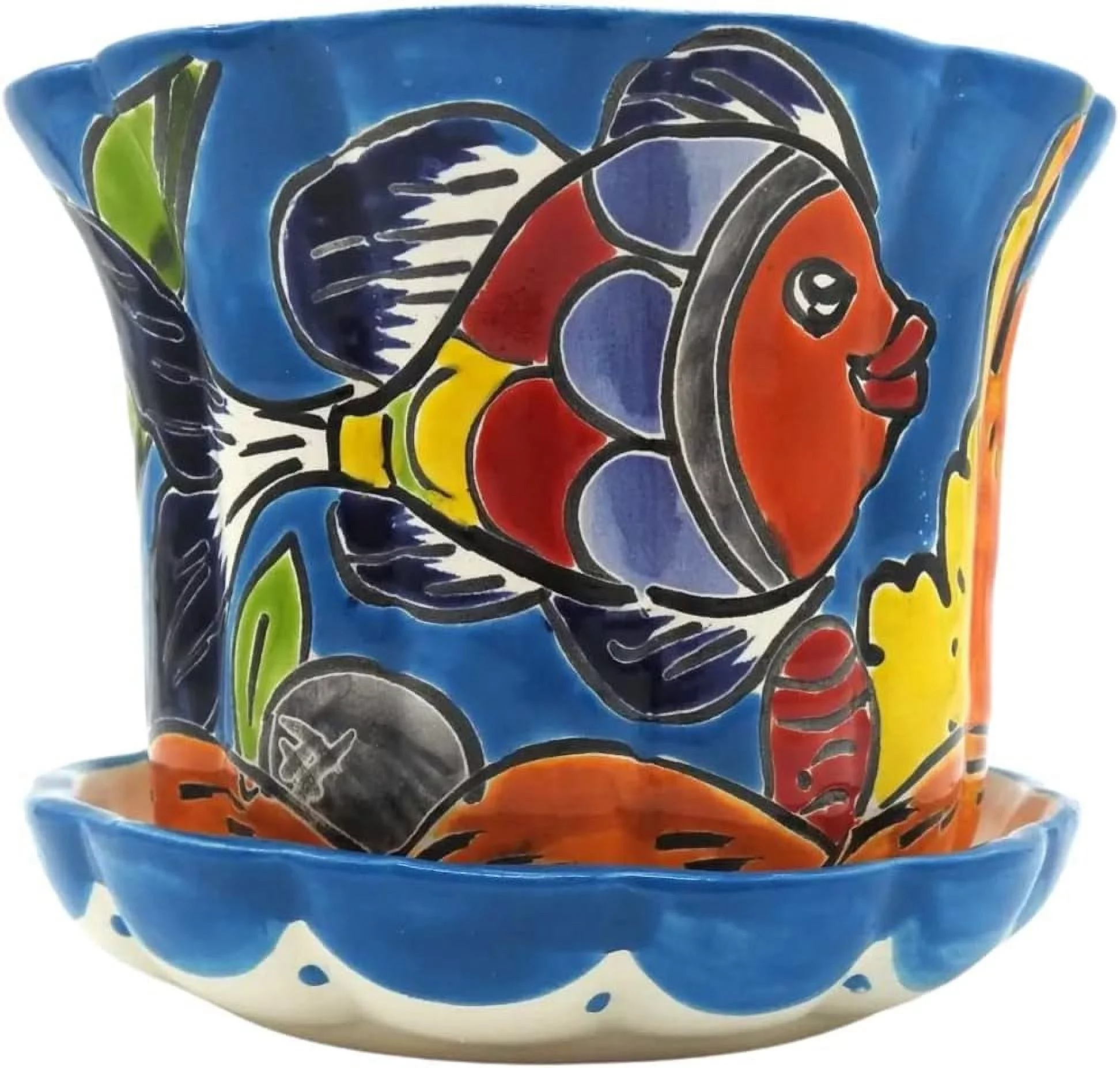 Violet With Saucer Small Hand Painted Planter Indoor Outdoor Multi Colored Glazed Light Blue Fish