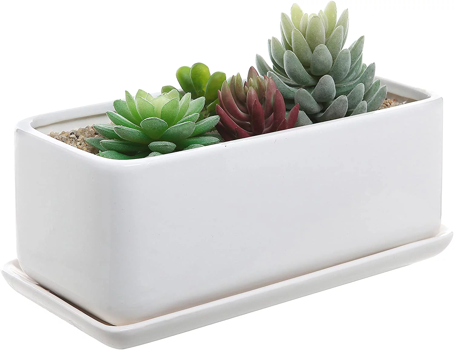MyGift 10 Inch White Ceramic Rectangular Succulent Planters with Removable Tray, Set of 2