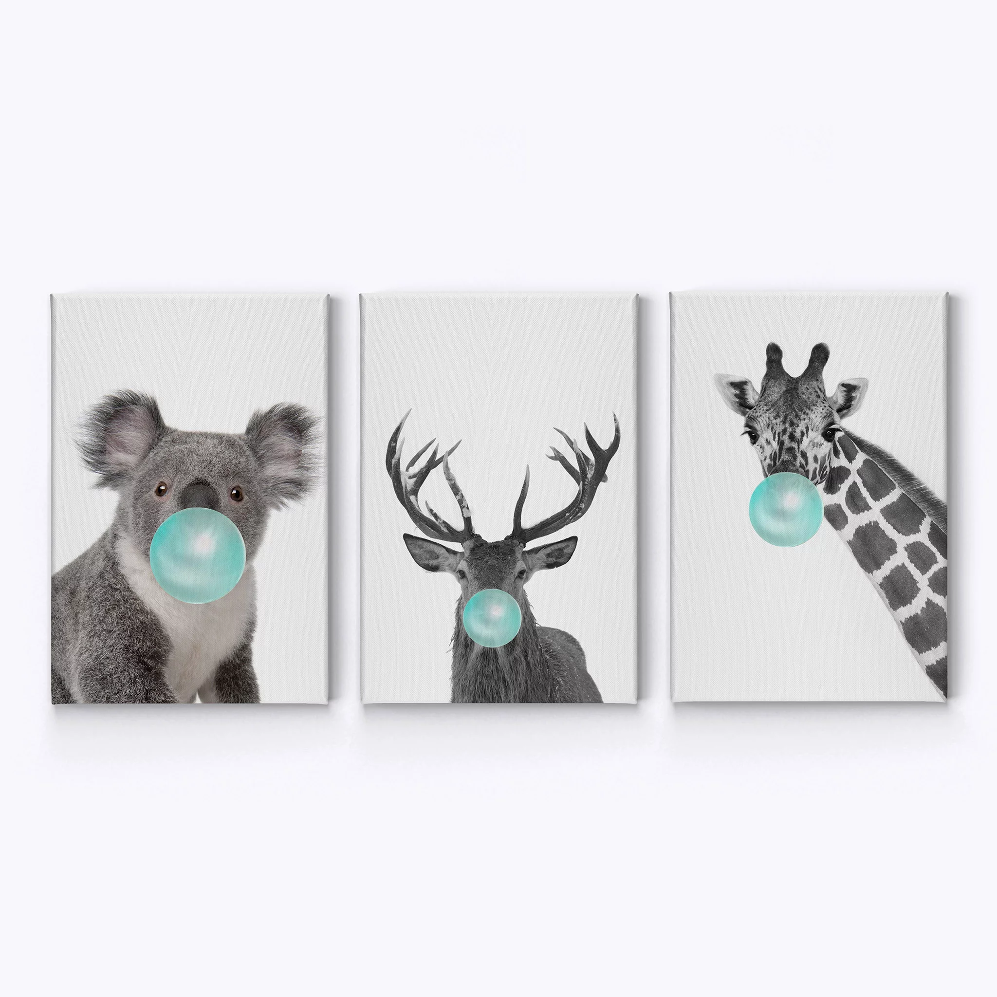 Smile Art Design Reindeer Koala Giraffe Animal Bubble Gum Art 3 PANEL CANVAS PRINT SET Teal Blue Black and White Wall Art Decor Pop Art Living Room Kids Room Nursery Ready to Hang Made in USA 28x19