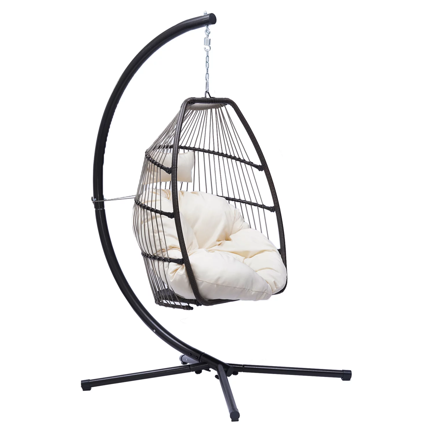 Folding Outdoor Wicker Hanging Chair for Patio  Rattan Swing Hammock Egg Chair With C Type Bracket  Including Cushion and Pillow for Maximum Comfort and Relaxation in Outdoor Spaces
