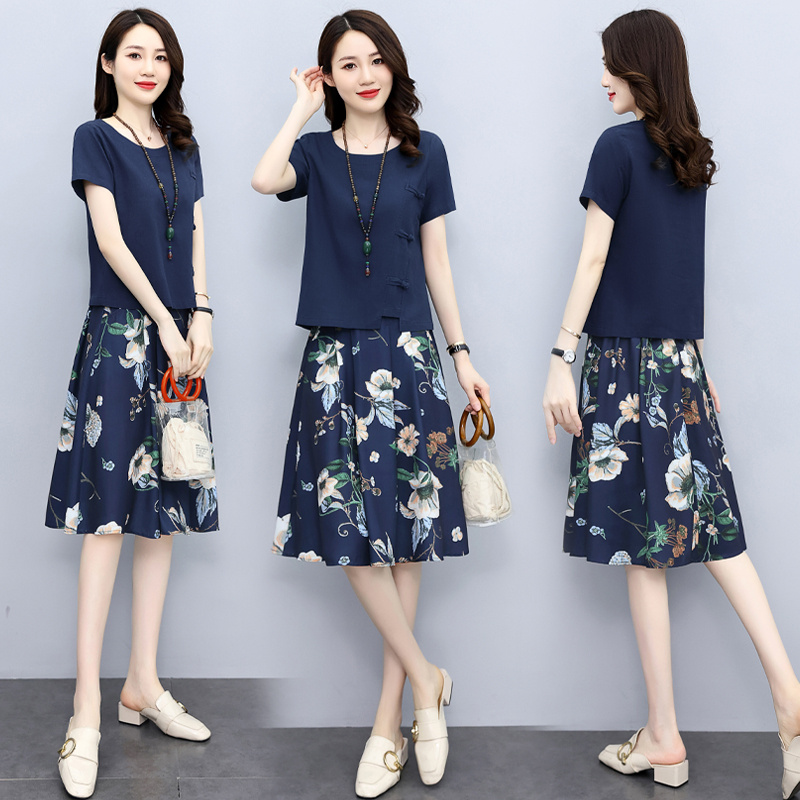 Gjc Encounts Chain Cotton Jacks Literary Printing Set Skirt Summer Women