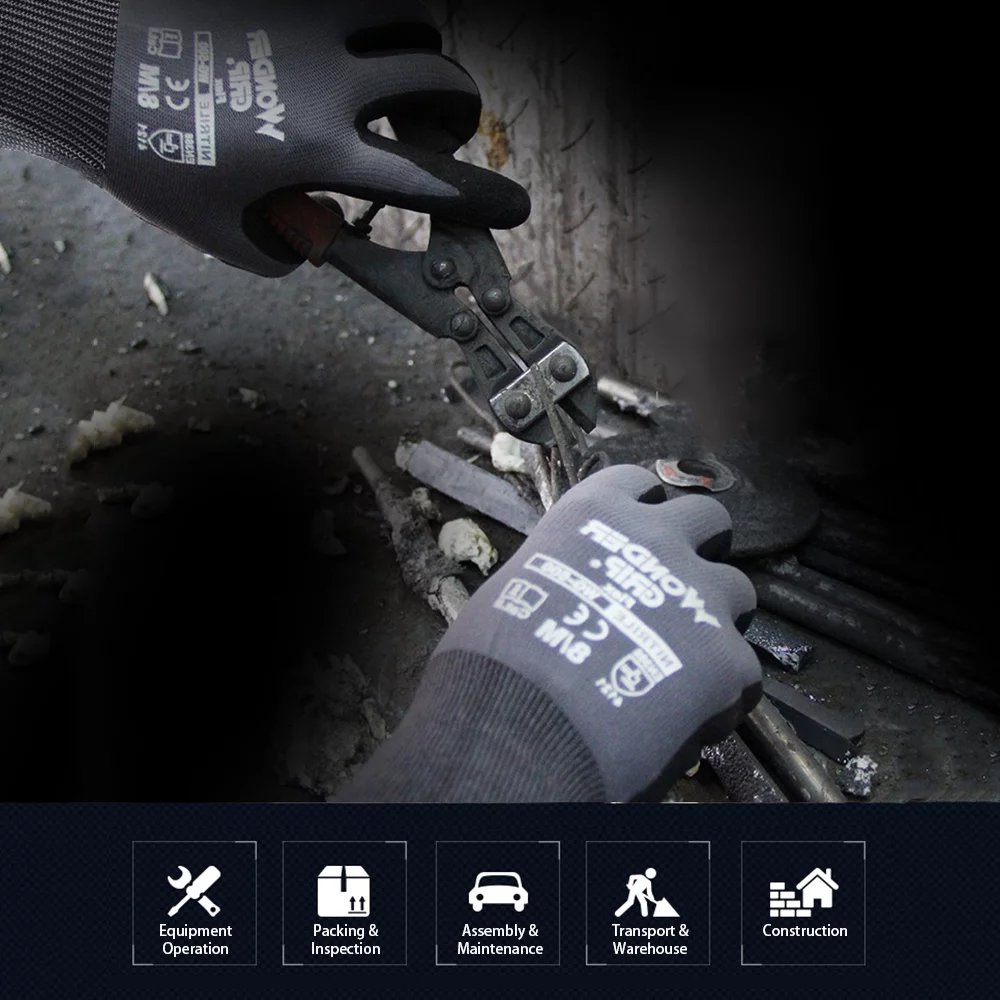 1-Pair Nitrile Impregnated Work Gloves Safety Gloves for Gardening Maintenance Warehouse for Men and Women (Black Gray L)