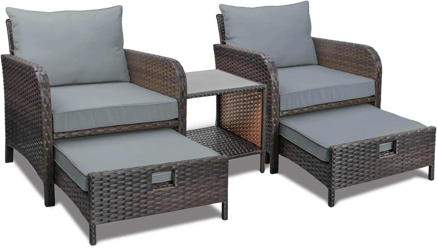 Dina Balcony Furniture 5 Piece Patio Conversation Set  PE Wicker Rattan Outdoor Lounge Chairs with Soft Cushions 2 Ottoman&Glass Table for Porch  Lawn-Brown Wicker