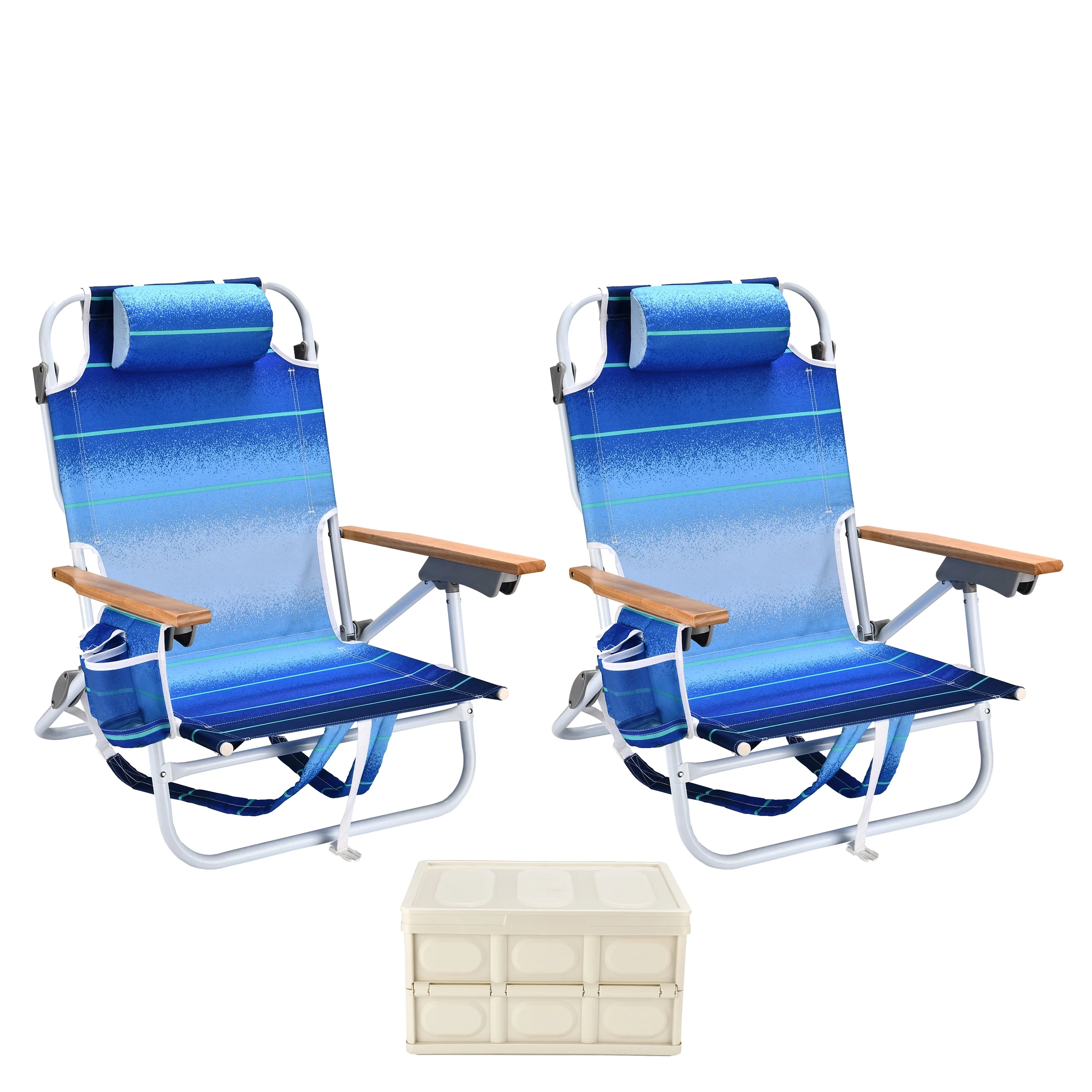 Crtynell 2PCS Backpack Beach Chairs for Adults Beach towel backpack beach chairs for adults 5 position chair with pouch folding lightweight positions back pack 13 inch high With white storage box