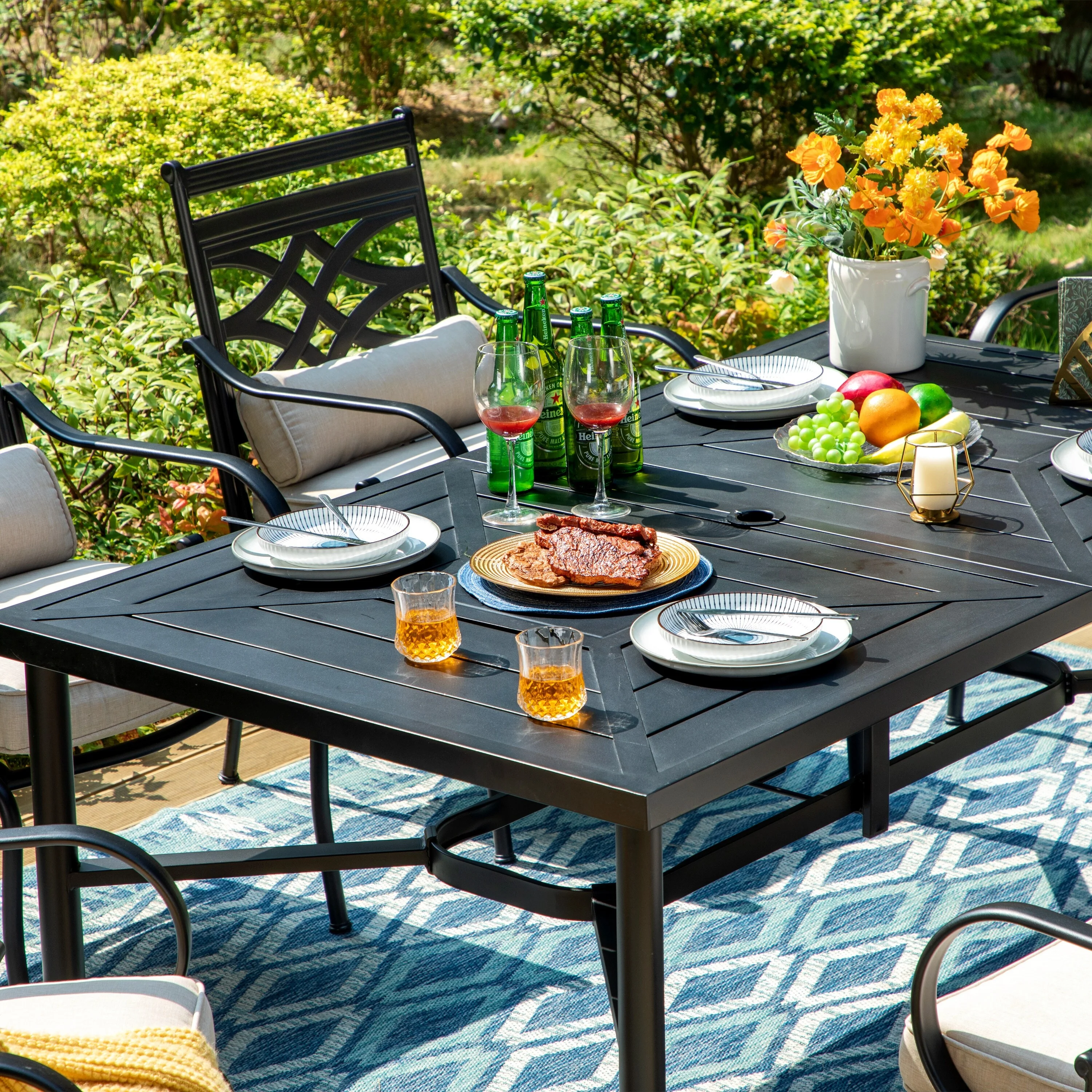 7-Piece Outdoor Dining Set Steel Rectangle Table with Umbrella Hole & Elegant Cast Iron Pattern Dining Chairs +Fixed Chairs