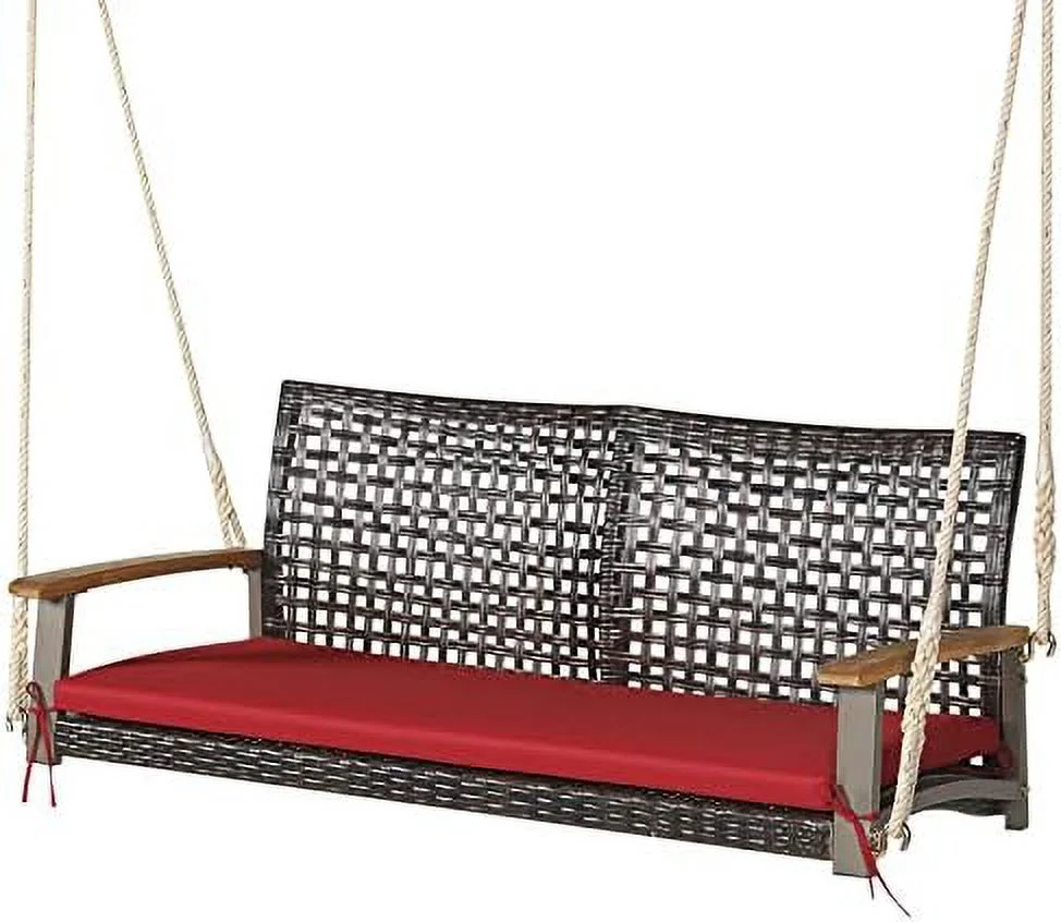 GFVCNIO 2-Seat Rattan Porch Swing Chair  Outdoor Wicker Swing Bench with Seat Cushion & Acacia Wood Armrests  Two 118\u201D Hanging Ropes Included  Patio Hanging Swing Chair for Front