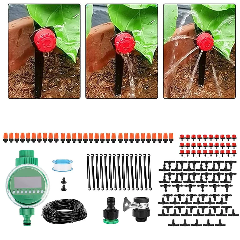 Drip Irrigation Kit with Timer, 158 Pcs Garden Irrigation with Adjustab