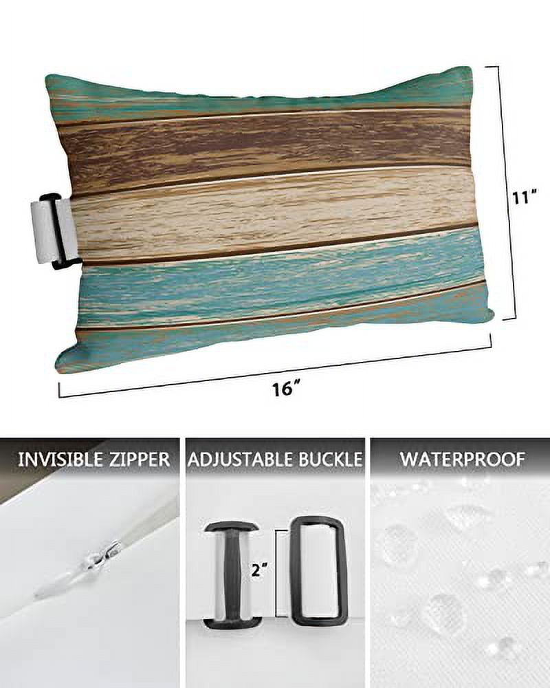Teal Wood Grain Outdoor Chaise Lounge Head Resting Pillows 2 Pack, Farm Teal  Wooden Board Waterproof Patio Furniture Pillow with Insert Adjustable Elastic Stripe for Recliner Beach Chairs