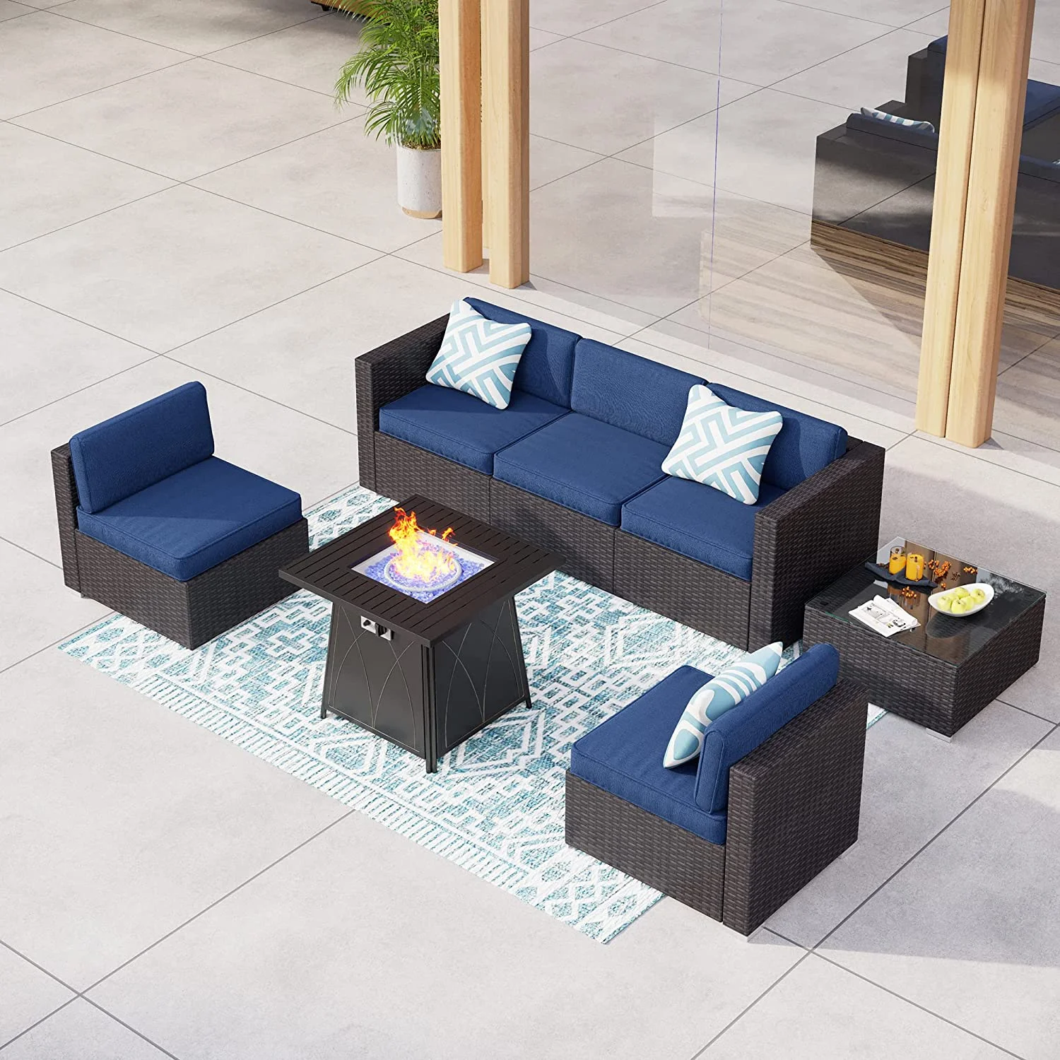 durable 8 Pieces Patio Furniture Set with 45" Plate Embossing Propane Fire Table Outdoor PE Rattan Sectional Sofa Set Patio Gas Fire Pit Conversation Set with Blue Cushions & Glas