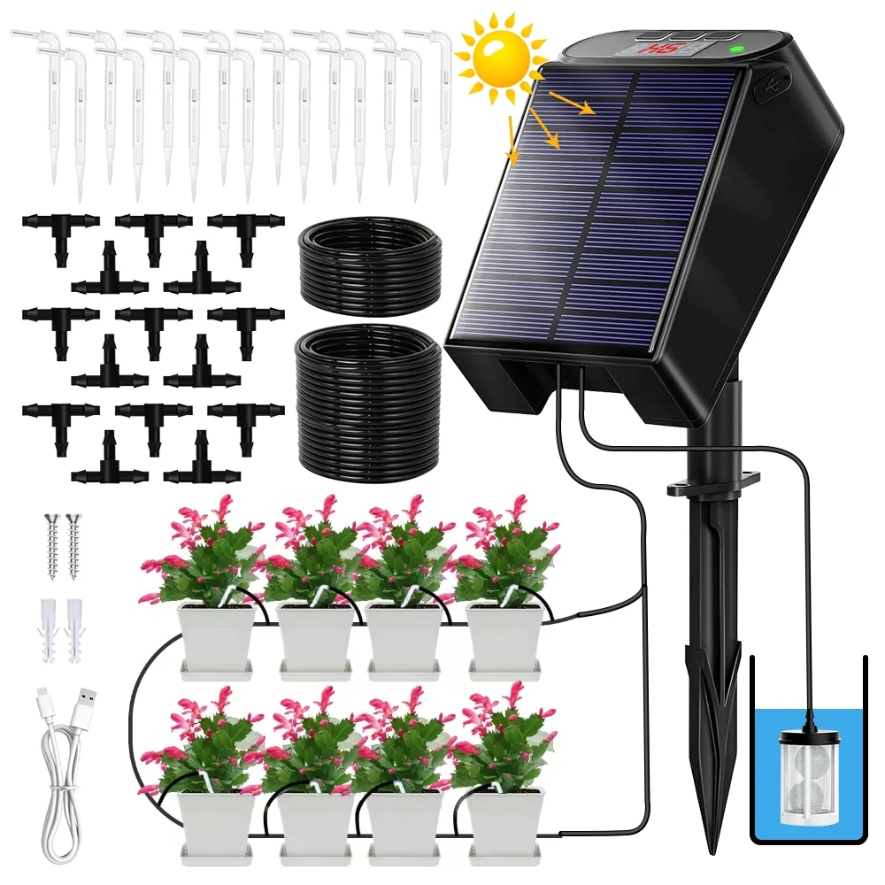 Solar Drip Irrigation System - DFITO Auto Drip Irrigation Kits with Anti-Siphon Supports 15 Pots, Solar Powered Garden Watering System for Indoor & Outdoor Plants
